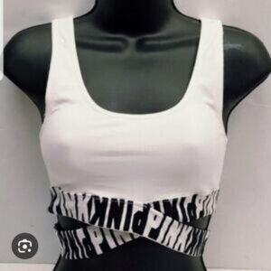 Victoria's Secret Pink White Sports Bra w. Black Logo Ab Criss-Cross‎ Straps L